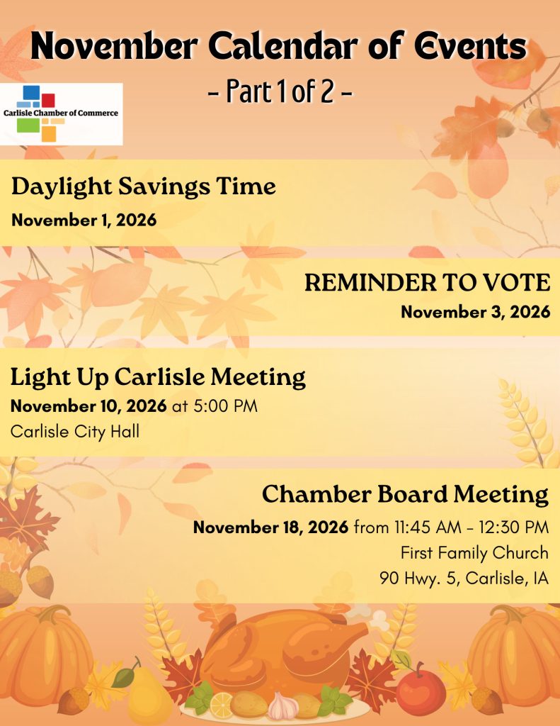 Carlisle Chamber of Commerce November 2026 calendar of events, part 1 of 2, listing dates and times for Daylight Savings, a reminder to vote, a Light Up Carlisle meeting, and a board meeting.