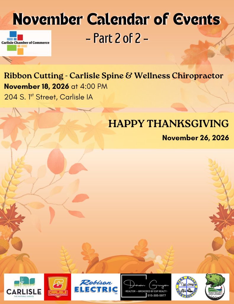 November Calendar of Events Part 2 of 2, featuring a ribbon cutting for Carlisle Spine & Wellness on November 18, 2026, and Thanksgiving on November 26, 2026, with sponsor logos at the bottom.