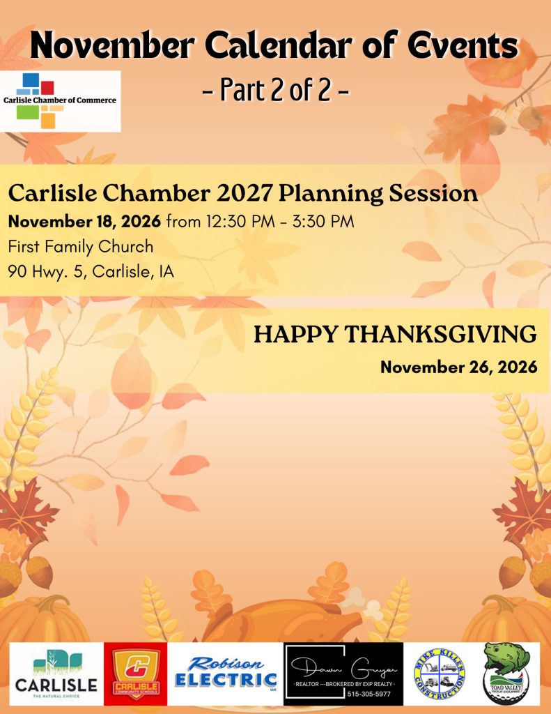 November Calendar of Events flyer listing the Carlisle Chamber 2027 Planning Session on November 18, 2026, and a Happy Thanksgiving notice for November 26, 2026, including several local business logos at the bottom.