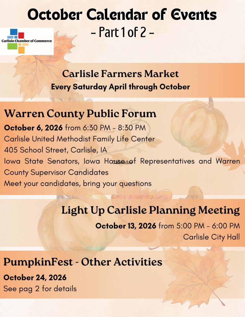 Carlisle Chamber of Commerce October Calendar of Events listing the Farmers Market, a public forum on October 6, a Light Up Carlisle planning meeting on October 13, and PumpkinFest activities on October 24.
